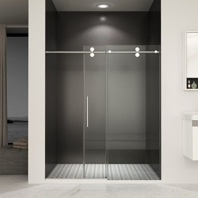 Porte de douche sans cadre de 56 à 60 po x H 70 po, porte de douche coulissante, avec cabine de douche en verre trempé épais de 5/16 po (8 mm) de qualité supérieure, couche facile à nettoyer à double face, avec tampon