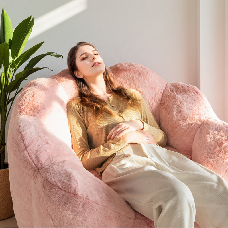 Floral Shaped Bean Bag Chair, Pink Faux Fur , 29" H x 42" W x 40" D