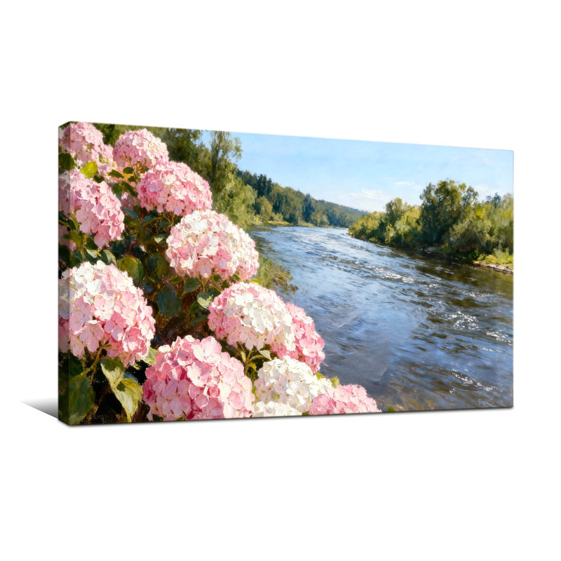 Plantes et fleurs, fleurs roses, rivière, paysage, scène naturelle, H 16 po x l 32 po