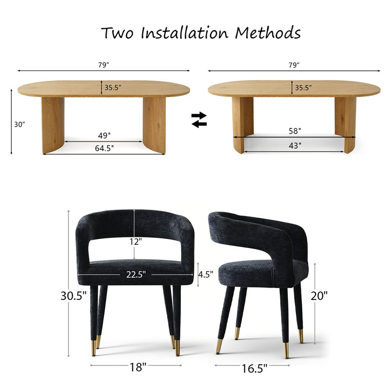Modern 79" Oval Dining Table Set With 6 Upholstered Dining Arm Chairs, Black