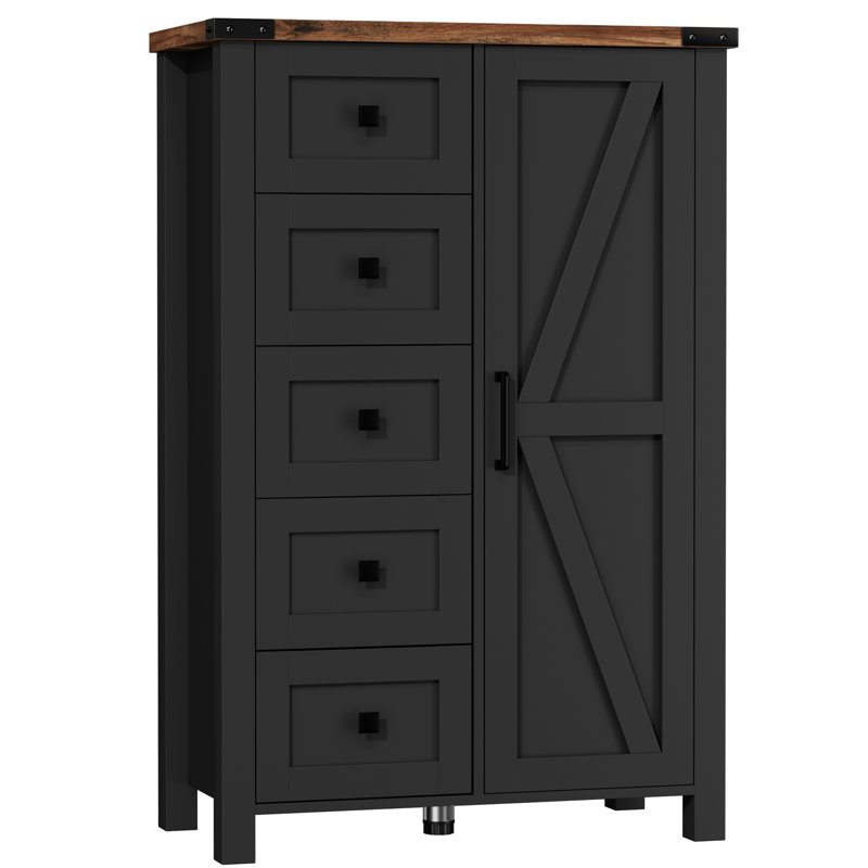 48 Inch Tall Farmhouse Dresser Storage Cabinet Chest of Drawer for Bedroom, 5 Drawer Dresser with Barn Door, Brown