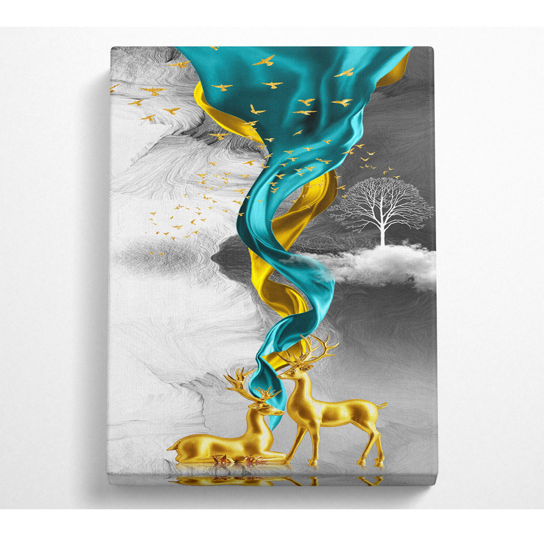 Deer Waves Blau und Gold - Druck