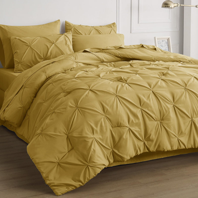 Bedsure King Burgundy Pintuck Bed-in-a-Bag - Mustard Yellow Pinch Pleat Comforter Set with Sheets, Pillowcases & Shams (Set of 7)