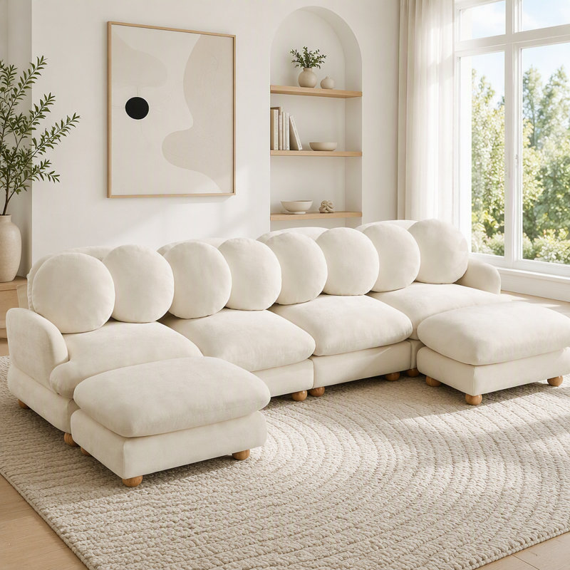 Canapé d'angle modulaire avec revêtement en chenille et pouf amovible, Chenille beige