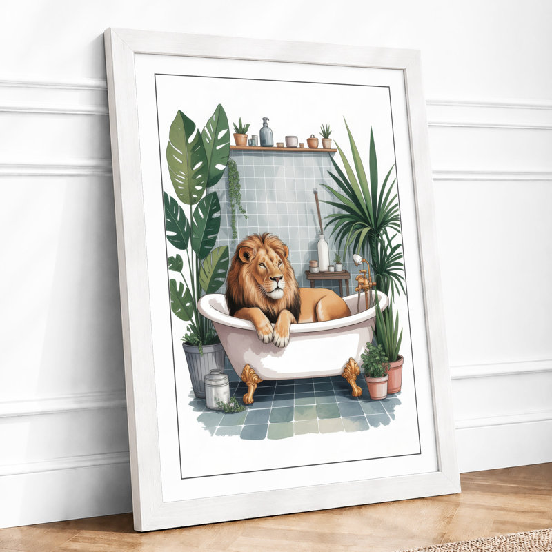 Lion in the Bath Whimsical - Framed Print, A4 - 29.7 x 21.0 cm, White