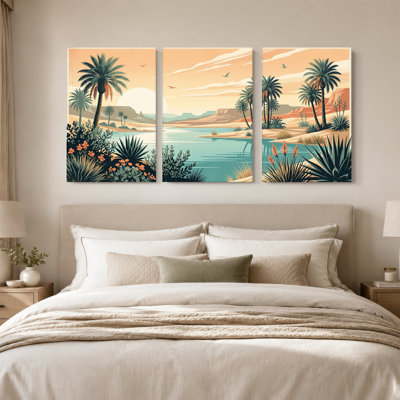 Oasis du désert avec palmiers et canyon au coucher du soleil, ensemble de 3 toiles