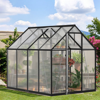 Heavy Duty Walk-In Outdoor Greenhouse, 4mm Twin-Wall Polycarbonate Garden House with 45 MPH Wind Resistant Aluminum Frame & Roof Vent