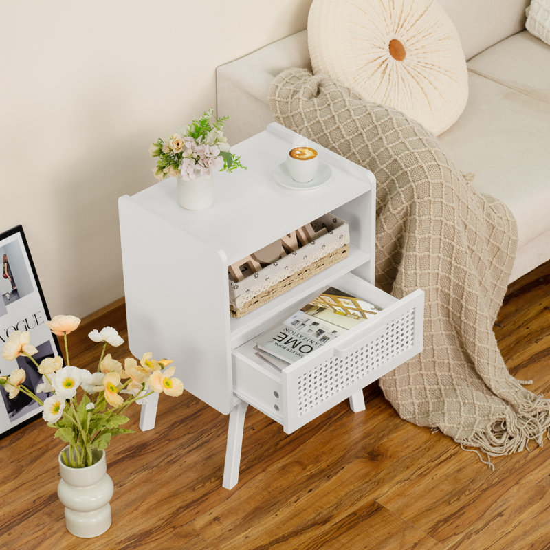Rattan Nightstand, Boho Side Table With Drawer Open Shelf, Cane Accent Bedside End Table With Solid Wood Legs For Bedroom, Dorm And Small Spaces