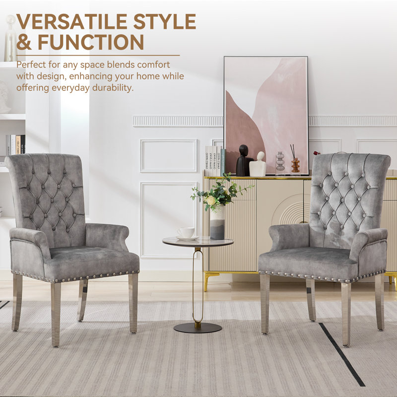 Tufted Upholstered Dining Armchair with Chrome Legs, Gray