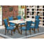Ensemble de table de salle à manger 7 pièces composé d'une table de salle à manger rectangulaire avec pieds en X et 6 chaises rembourrées en tissu de couleur bleue, jacobin vieilli-664302999-664302992-664303004