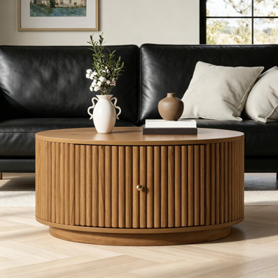 Round Fluted Drum Coffee Table with Dual Hidden Curved Storage Drawers, Solid Wood Center Table, Mid Century Modern Circular Cocktail Table for Living Room & Apartment