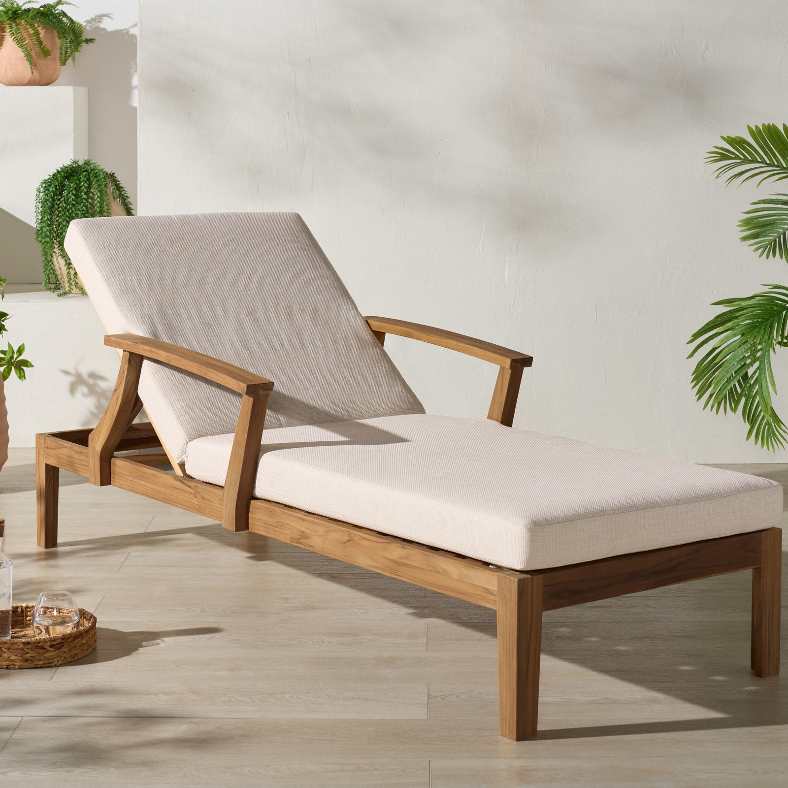 Clairmont Patio Chaise Lounge, White Cushion /Natural Teak Wood Frame