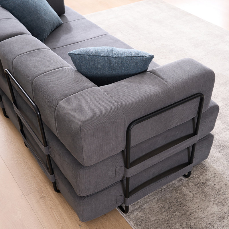 Fold Out 78.5" 3 - Seater Futon With 2 Pillows, Convertible Bed, Foam Spring Floor Mattress, For Living Room, Apartment, Office, Grey Corduroy, Flexible Combination Couch Mattress