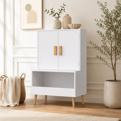 Armoire de rangement pour jouets pour enfants avec portes et tablette ouverte, organisateur en bois blanc moderne avec pieds en bois naturel, bibliothèque pour tout-petits pour salle de jeux, chambre de bébé, chambre à coucher