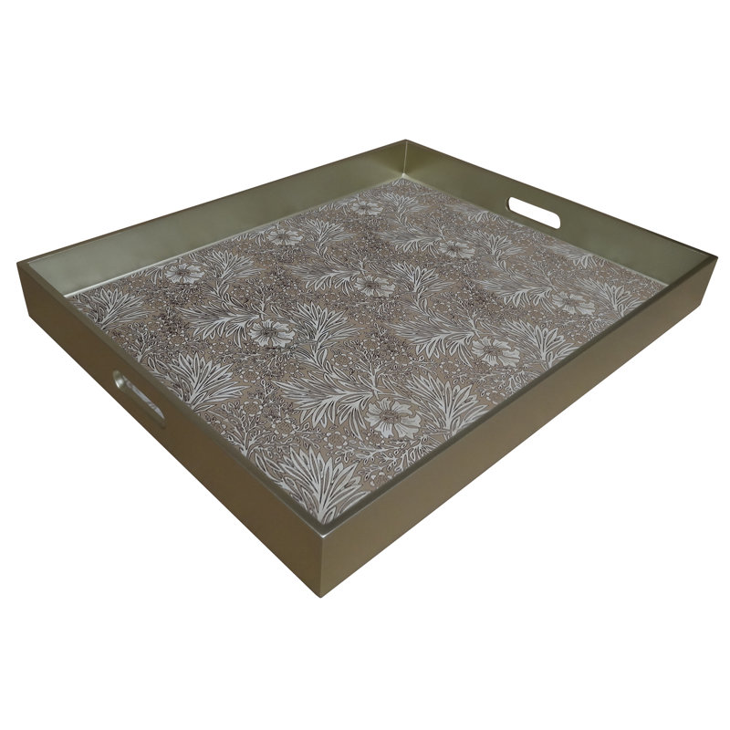 Large Sand Floral Reverse Painted Glass Tray with Handles