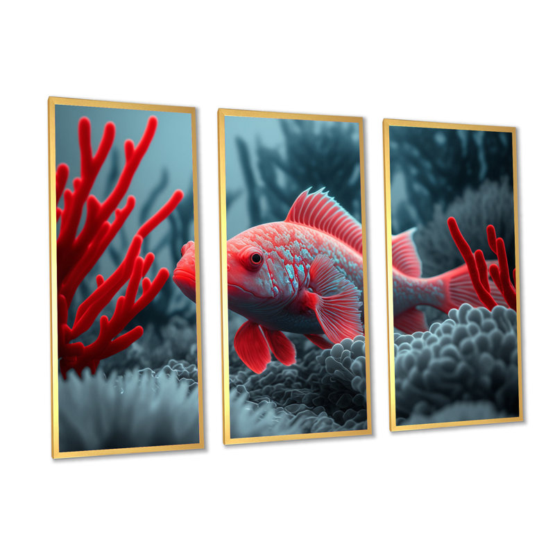 «Tropical Fish in Blue and Red II», reproduction sur toile 3 pièces, H 20 po x l 36 po x P 1 po