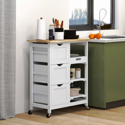 HOMCOM Rolling Kitchen Island Cart, Bar Serving Cart With Drawers, White