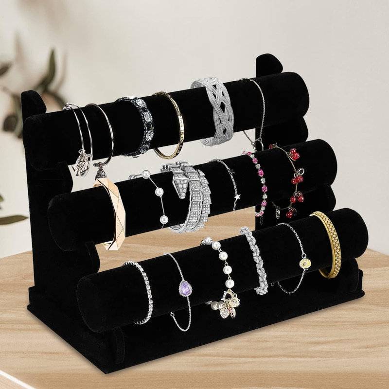Porte-bracelet en velours avec support à 3 niveaux, présentoir à bijoux amovible noir