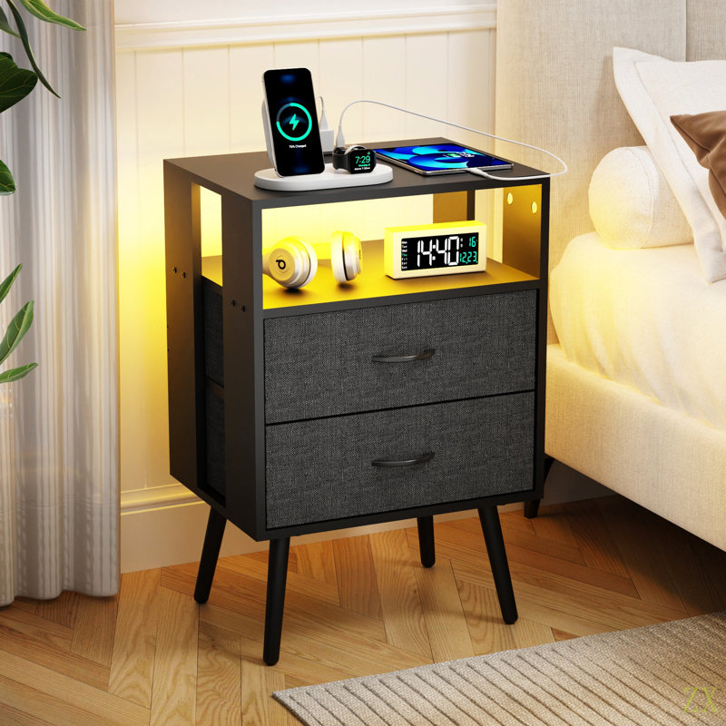 Ensemble de 2 tables de chevet modernes avec station de charge, tables de chevet avec éclairage DEL et tiroirs en tissu, Noir