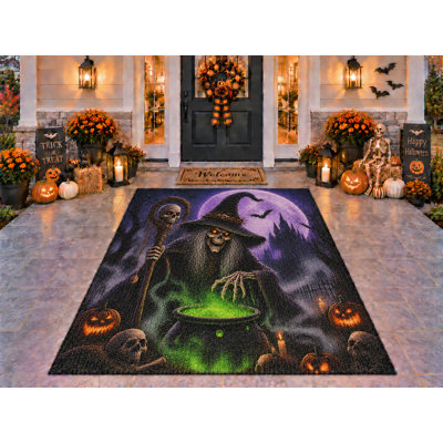 Tapis d'extérieur 152 x 213 cm (5 pi x 7 pi) motif d'Halloween, sorcière maléfique, épais, imperméable, en PVC bouclé, résistant, séchage rapide, idéal pour terrasse, balcon, entrée ou porche.