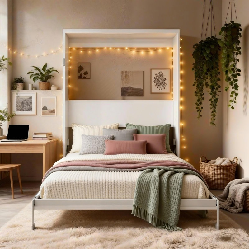 Lit escamotable mural blanc grand format facile à assembler avec bureau, pieds automatiques pour hôtel et salon
