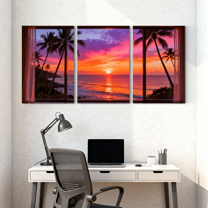 Scénario et paysages urbains, coucher de soleil tropical, Palm Beach, vue sur l'océan, ensemble de 3 impressions sur toile