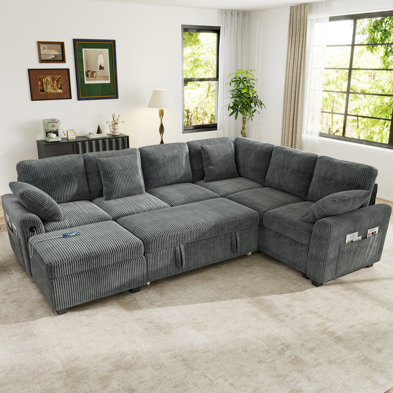 George 106" Upholstered Corduroy L Shaped  Modular Sectional Sleeper Sofa with Pull Out Bed and Storage Ottoman, Grey
