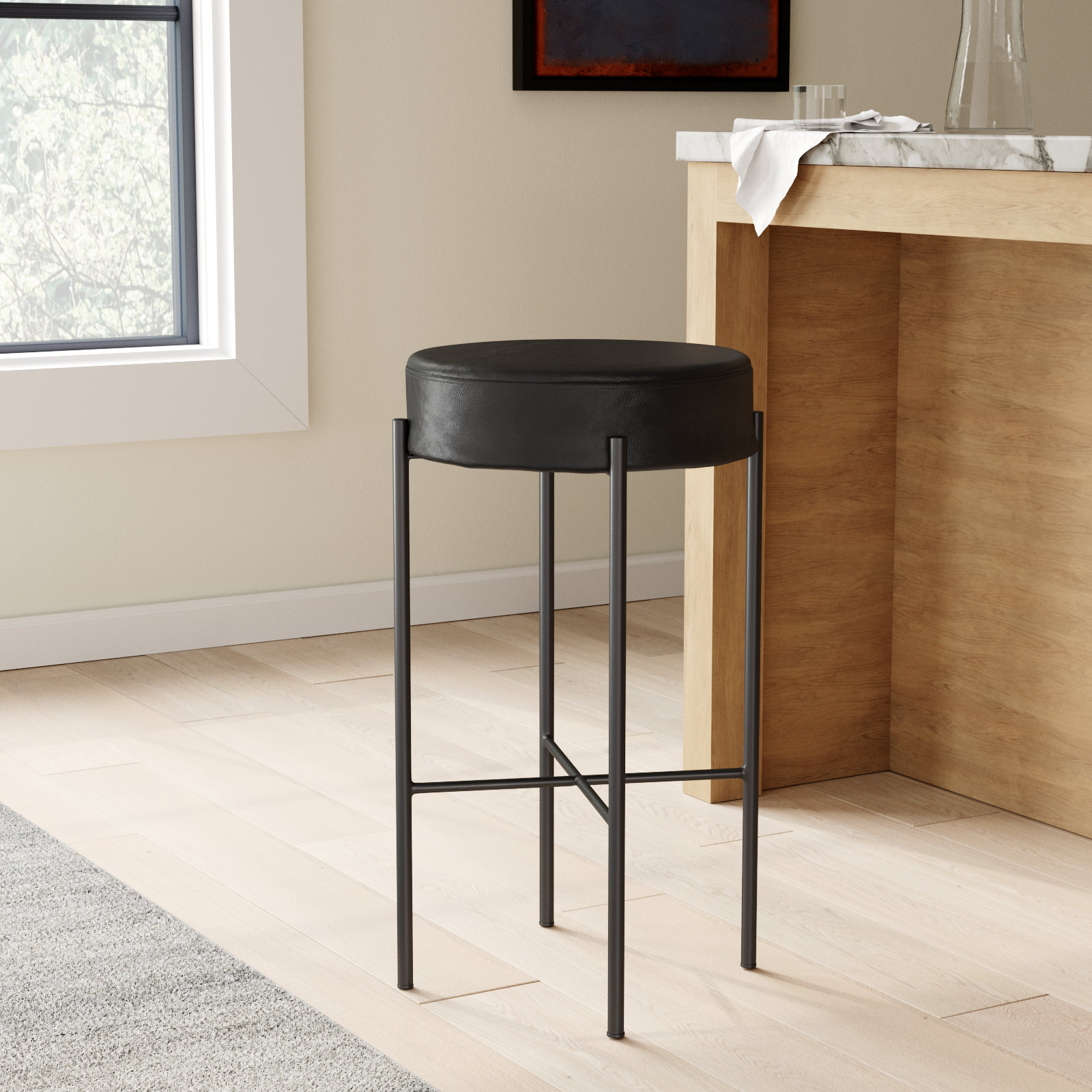 Eugenia Upholstered Bar & Counter Stool with Metal Frame, Counter Stool (26" Seat Height), Leather - Black
