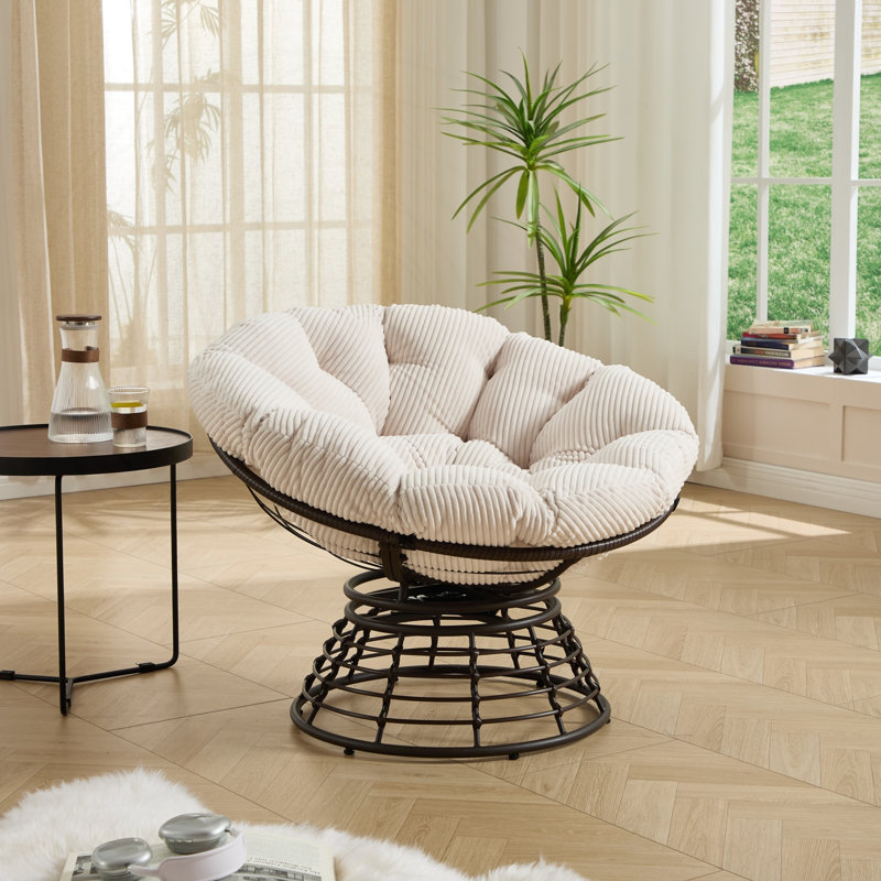 Chaise papasan pivotante en osier avec coussin blanc, White Corduroy