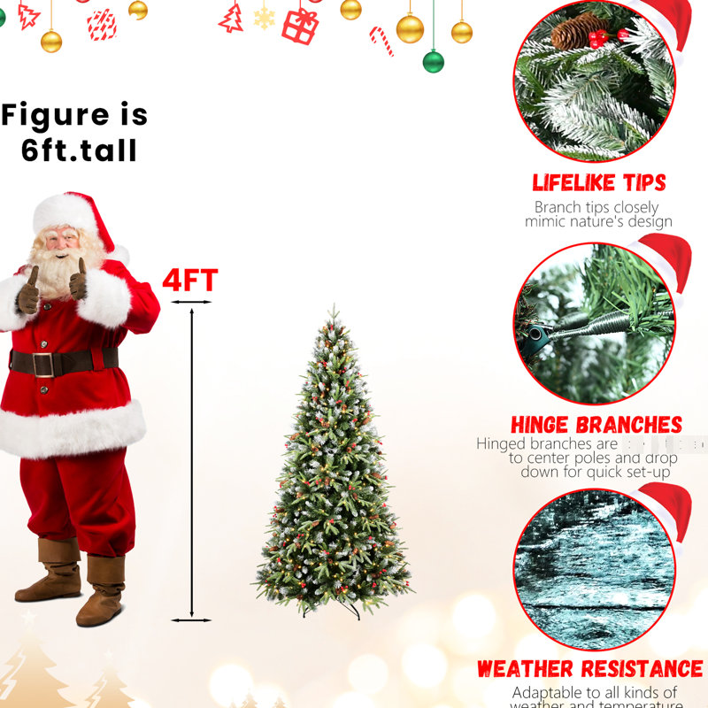 Arbre de Noël de 7 pi avec 450 lumières à DEL blanc chaud, branches en PE + à branches enneigées 2178, baies rouges et pin, base stable pour des lumières d'aspect réaliste avec un assemblage articulé simple