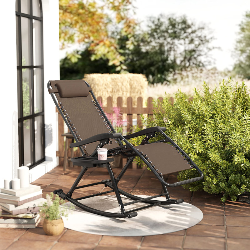 Fauteuil inclinable pliant, fauteuil zéro gravité, chaise berçante extérieure avec coussin, porte-gobelet et porte-téléphone, noir