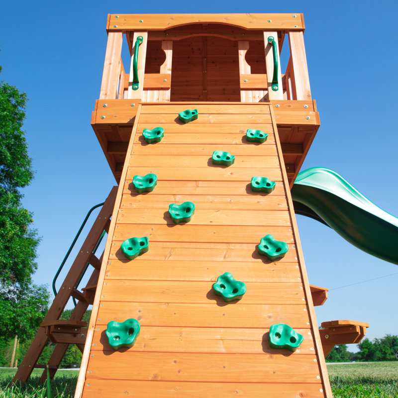 Woodland Cedar Wood Playset with Green Slide and Swings
