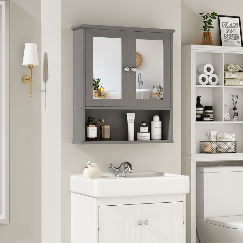 Bathroom Wall Cabinet with Mirror & Shelf , Gray