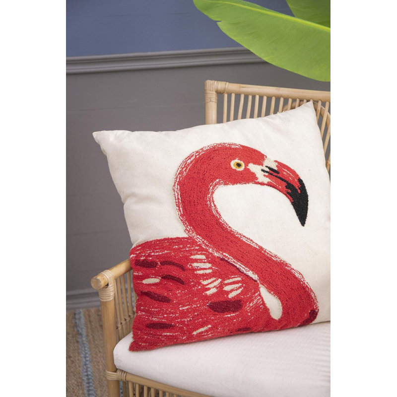 Set of 2 Red and White Embroidered Cotton Flamingo Pillows