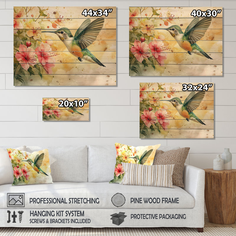 Colibri en vol I - Décoration murale en bois d'oiseau - sur bois de pin naturel, H 30 po x l 40 po
