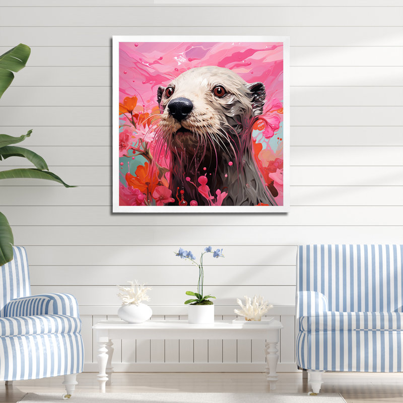 Artistique, loutre rose aquatique, Cadre simple blanc, H 36 po x l 36 po x P 1,5 po