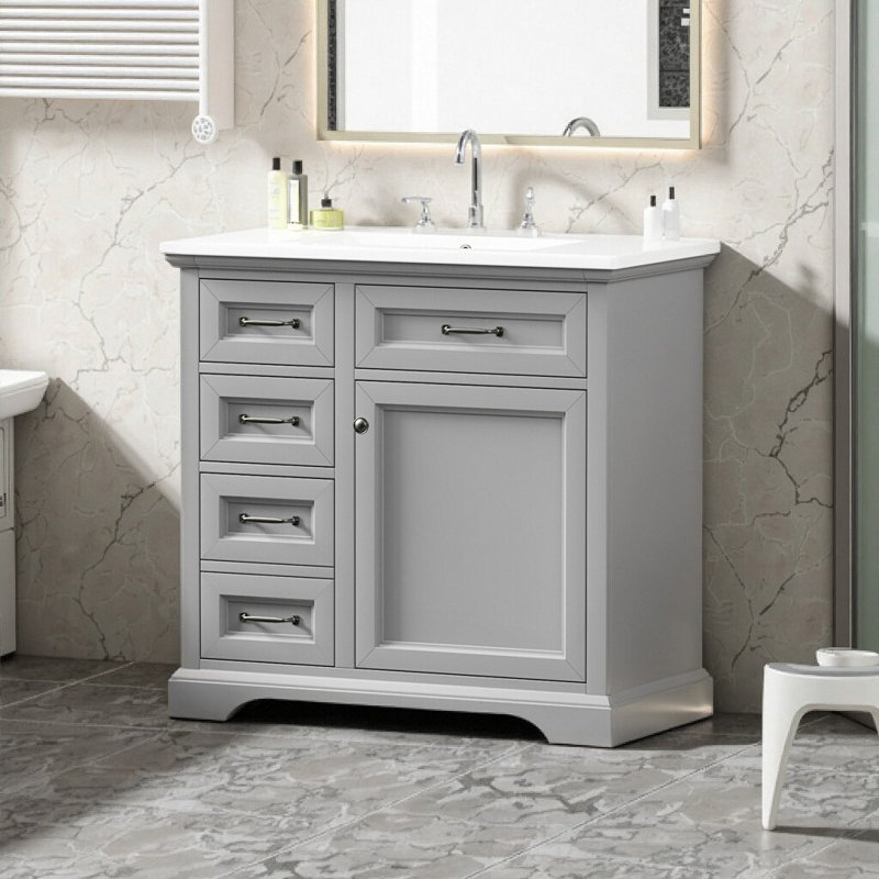 Meuble-lavabo autoportant spacieux de 36 po avec lavabo en céramique, portes et tiroirs à fermeture en douceur, rangement intelligent pour les maisons modernes