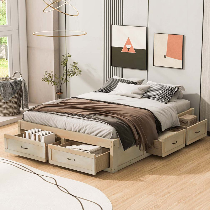 Lit plateforme en bois avec 6 tiroirs de rangement, Grand lit, Naturel antique