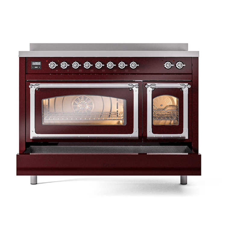 ILVE Nostalgie II Noblesse 48 dans la gamme d'induction, 6 éléments d'induction (porte en verre), Burgundy/Chrome