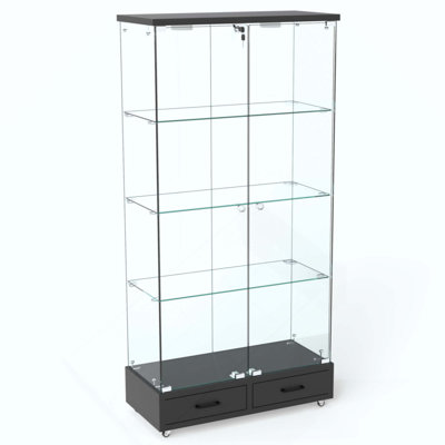 Modern Glass Display Cabinet With 2 Large Drawers , Quick-Assembly Antique Cabinet With LED Lights, Tempered Glass Bookshelf, 2-Door Storage Case With 4 Shelves  For Living Room And Bedroom