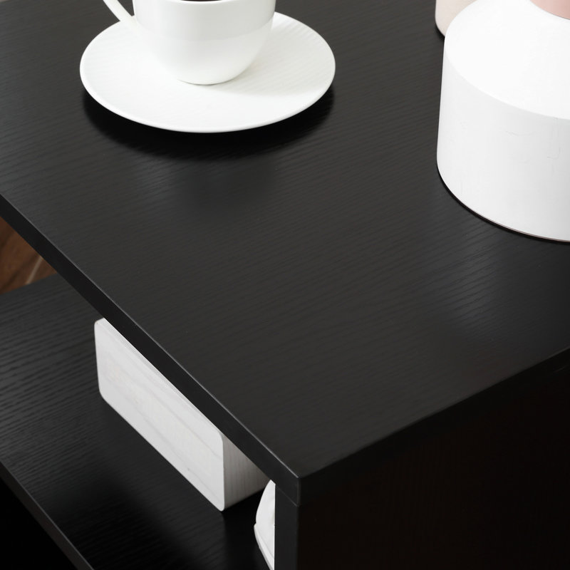 Table d'appoint moderne de 20 po avec rangement, touche noire en forme de S, tablette de rangement à bout renforcé en acier renforcé, conception et fabrication
