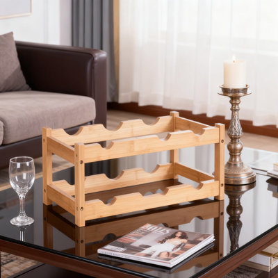Bamboo Wine Rack 2-Tier Countertop Holder, Display And Storage Shelf For 8 Standard Wine Bottles, Natural Wood Kitchen And Dining Room Furniture