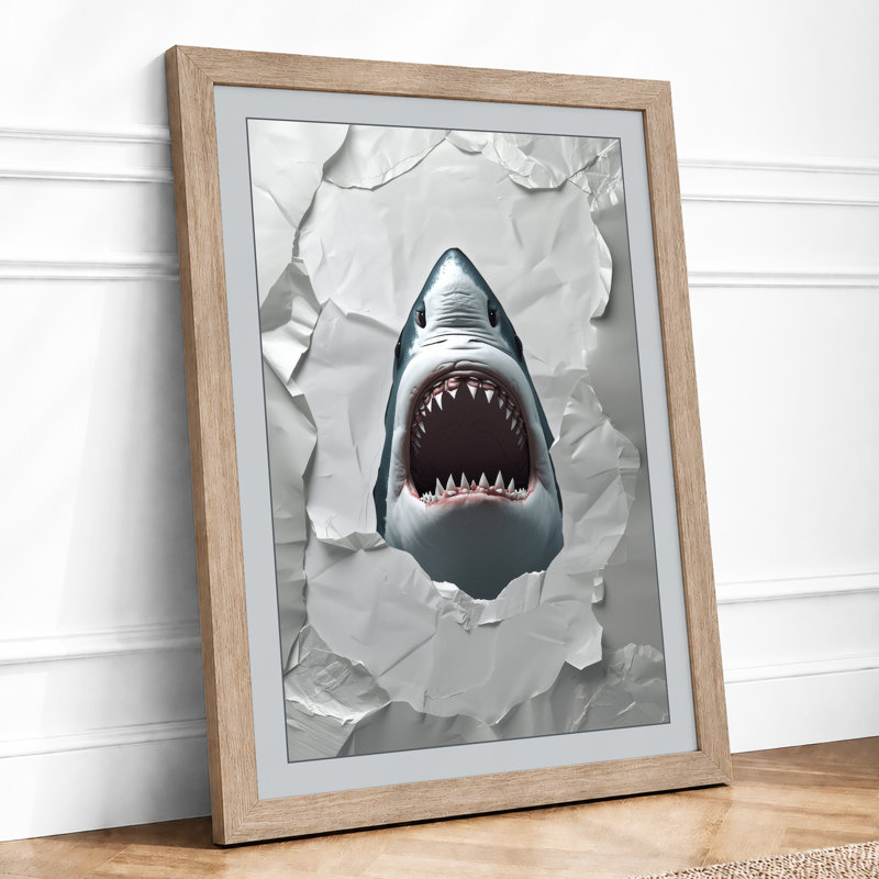 Shark Breaks Through Modern - Framed Print, A2 - 59.4 x 42.0 cm, Oak