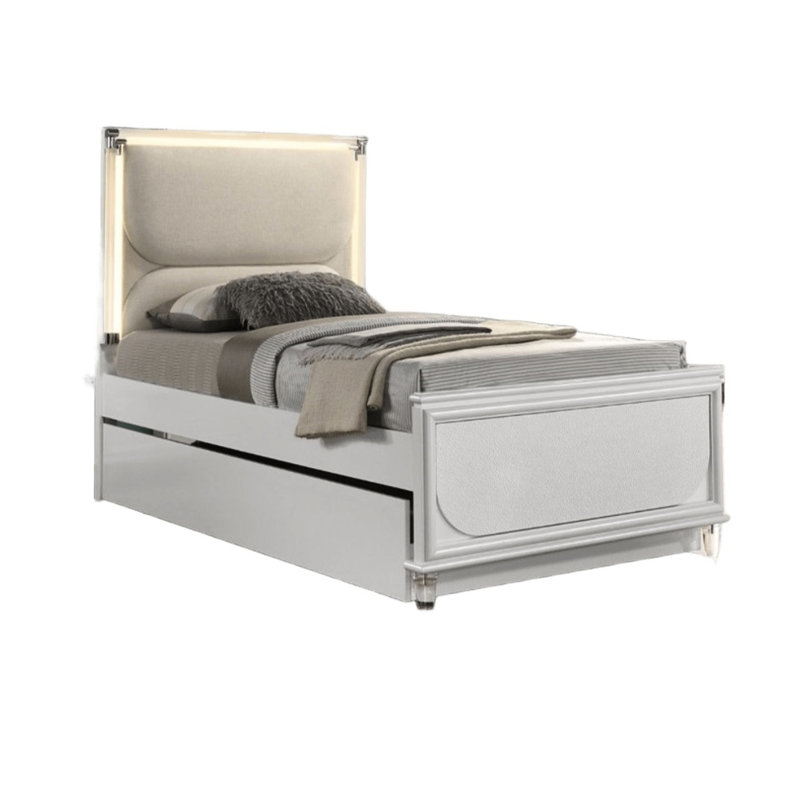 Cadre de lit simple contemporain blanc perle avec revêtement en tissu, bois d'hévéa massif, bois d'ingénierie et DEL - Conception de tête de lit améliorée avec style, faite de tissu