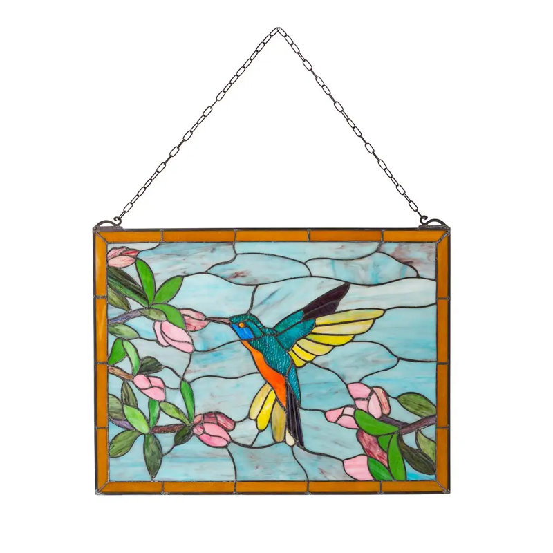 Stained Glass Hummingbird Art Panel with Metal Frame and Chain