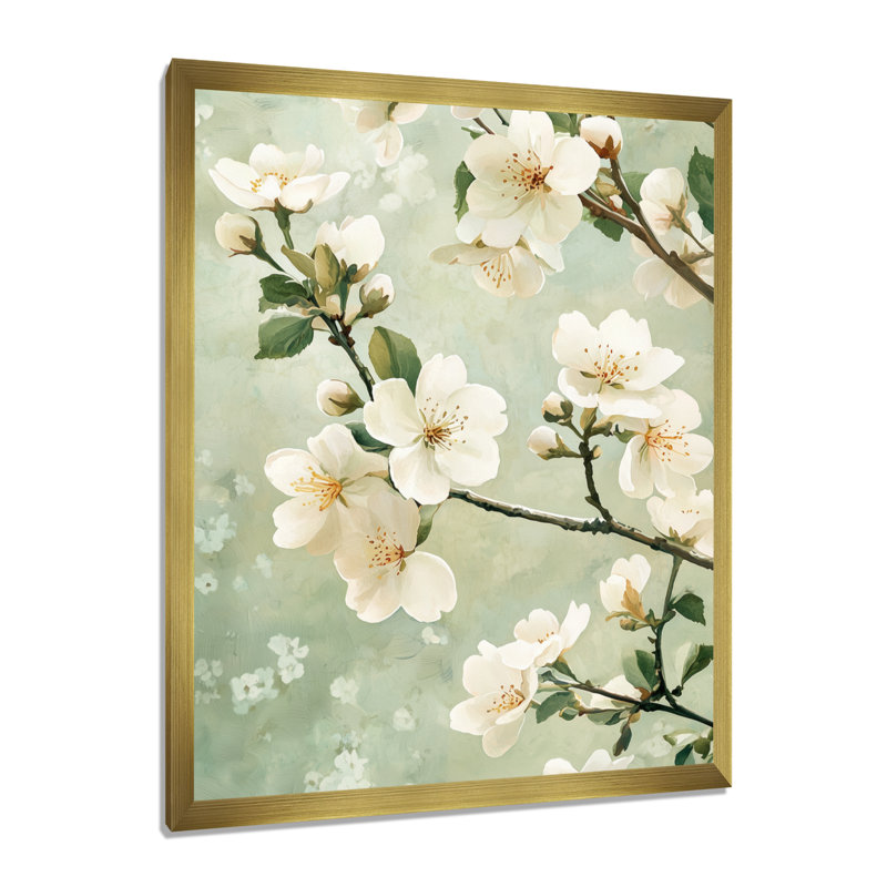 Fleurs de cerisier blanches printanières - art mural floral, salon, H 20 po x l 12 po, Doré