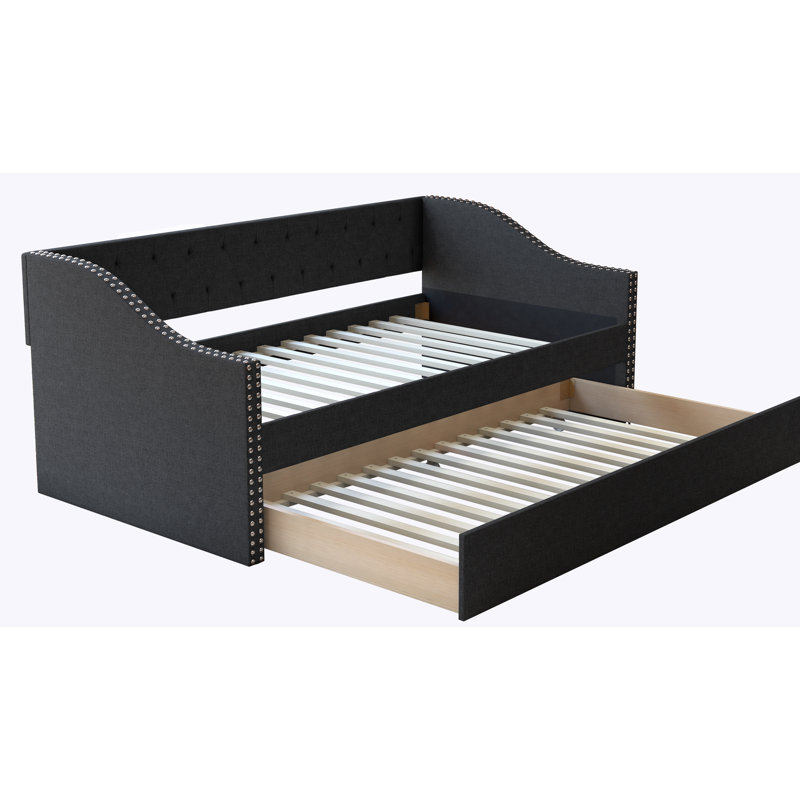 Manchester Upholstered Daybed with Pull Out Trundle, Twin Size, Tufted Backboard, , Black Linen