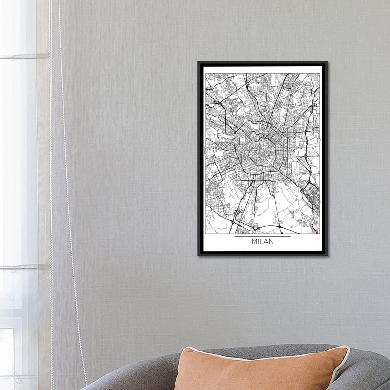 « milan minimal urban blueprint map », impression sur toile, H 26 po x l 18 po x P 1,5 po, Toile avec cadre noir