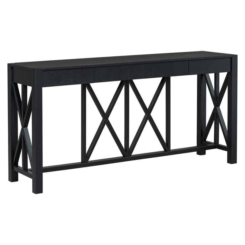 Anlen Acacia Veneer Console Table with 4 Drawers & X-Leg Base, Black