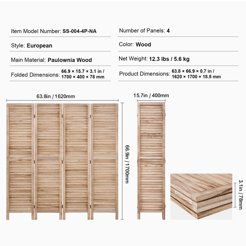 Paravent en bois pliable à 4 panneaux, 170 cm de hauteur, cloison intérieure ajourée en bois, paravent décoratif portatif, idéal pour la maison, le bureau, le restaurant et la chambre, conçu pour séparer les pièces.